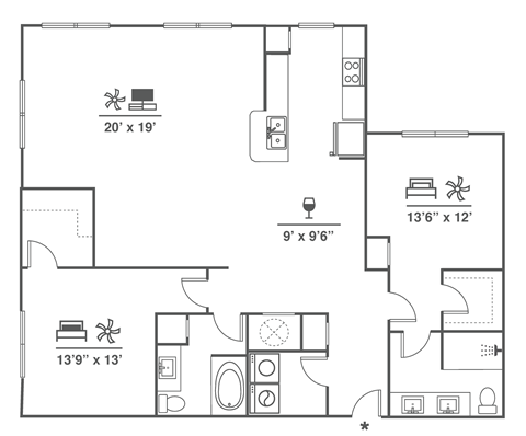 Floor plan for 2 beds, 2 baths, 1459 sqft
